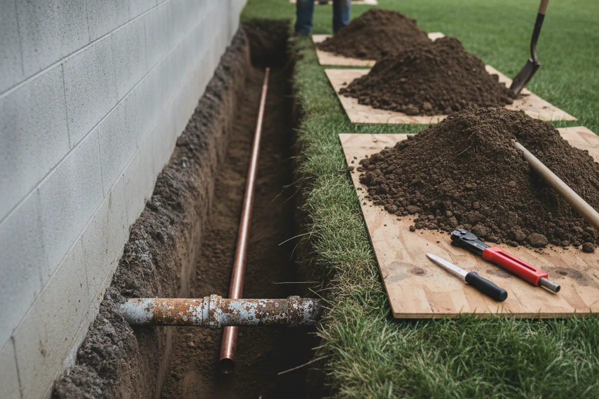 Excavated water line trench during Water Softener Installation in Peterboro